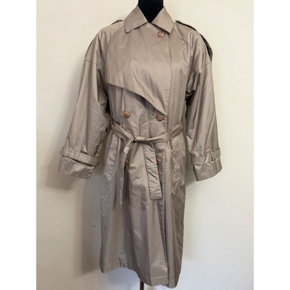 J. Gallery Petite Womens Taupe Nylon Double Breasted Belted Trench Coat Size 5/6